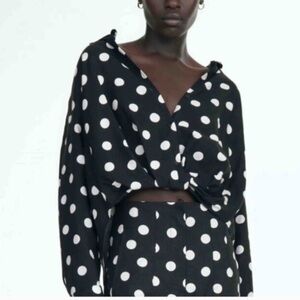 Zara Black & White Polka Dot Linen Blend Button Down Blouse